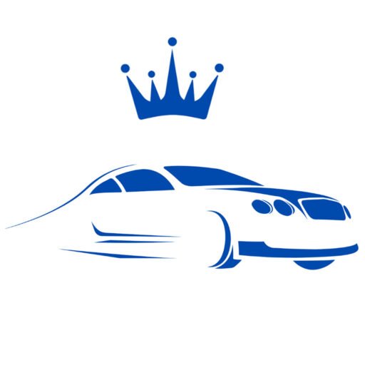 A blue car with a crown above on white background